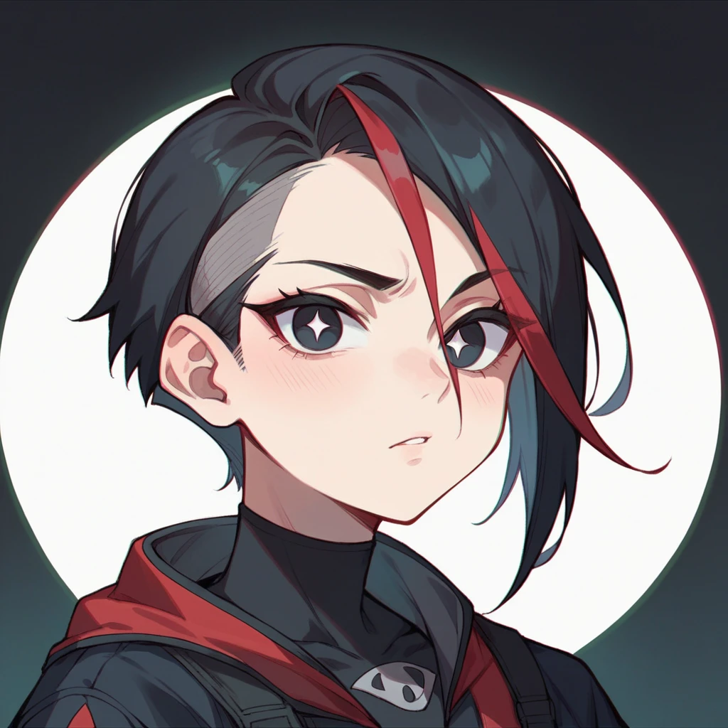 A girl, light skin, short green and black hair with a red streak on her forehead, black eyes, white pupils, black technological suit, lost look, dark circles, anime style, digital art