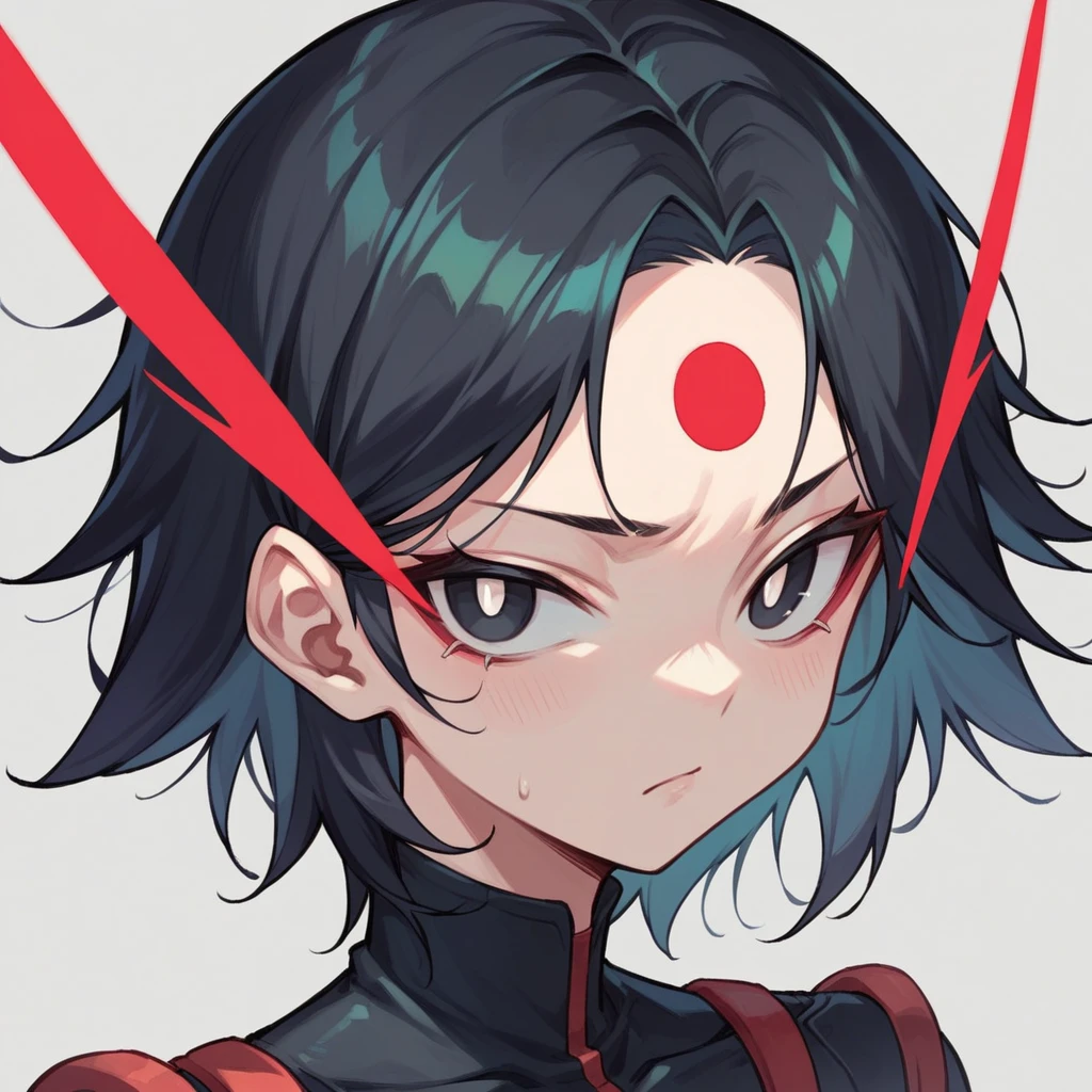 A girl, light skin, short green and black hair with a red streak on her forehead, black eyes, white pupils, black technological suit, lost look, dark circles, anime style, digital art
