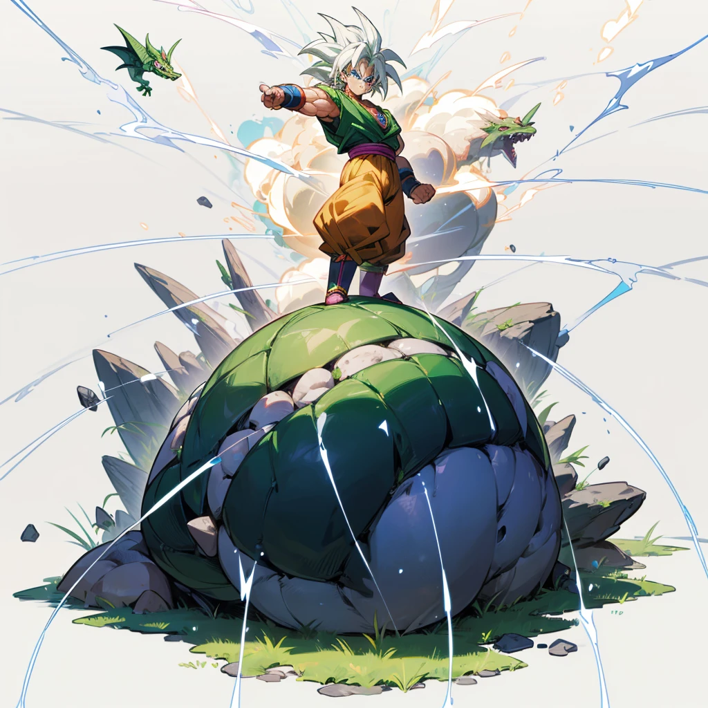 (Random Evolution, broly dragon ball z mixed with Stones), full body version, big muscle, (blue eyes), (Grassroots oil), transforms into Broly Super Saiyan, white color hair, blue eyes, Dragon Ball Z