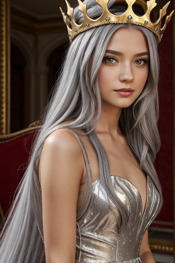 nymph, Long silver hair, grey eyes, in a red princess dress, and a golden crown