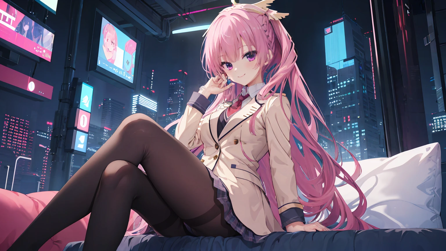 A girl,solo,Pink long hair,happy,Smile,Medium long hair,Dissemination,kikka academy uniform, pantyhose, highres, absurdres,Black underwear,City background,Cyberpunk, Anime style 4k, Sitting on the sofa,indoors,In the bedroom,mitsukasa ayase、Character-centered