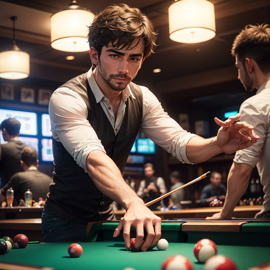 a man in a bar playing pool with friends
