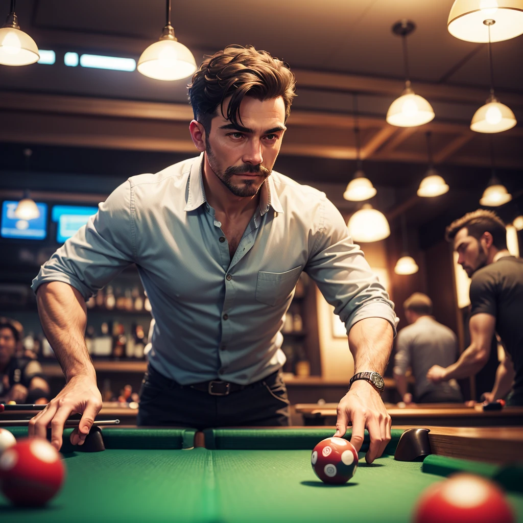 a man in a bar playing pool with friends