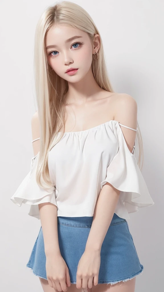 (((Tank top、Off-the-shoulder blouse、mini skirt、White background)))、forehead、Northern Europe、Russia、beautiful girl、Platinum Blonde Hair、Straight long hair、Hitting the face and front of the eyes、Big blue eyes、Sheer white and wet nightgown、Northern Europeの若者、Perfect body、White tendons、Glowing Skin、Young and beautiful skin、A perfect and beautiful little face、Bright makeup、Pale pink lips、Bright expression、-yeld gilipstick、Deceptive advertising、Viewer's vision、Golden Hour Lighting、Bokeh Atmosphere Perspective、detailed、Movie Light、複雑なdetailed、High resolution、 フェイスデザインのdetailedな特徴、Attention to detail、Clear focus、Smoothness、aesthetics、Printed、Octane、{{masterpiece}}
