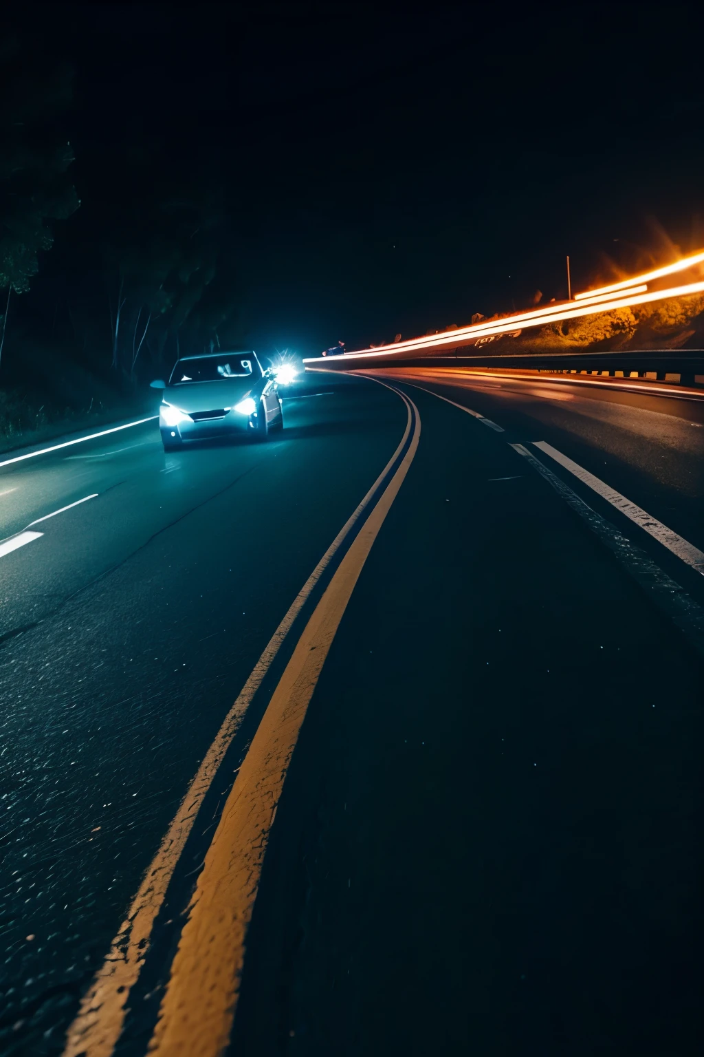 Car driving on wild road at night,Car headlights lighting the road