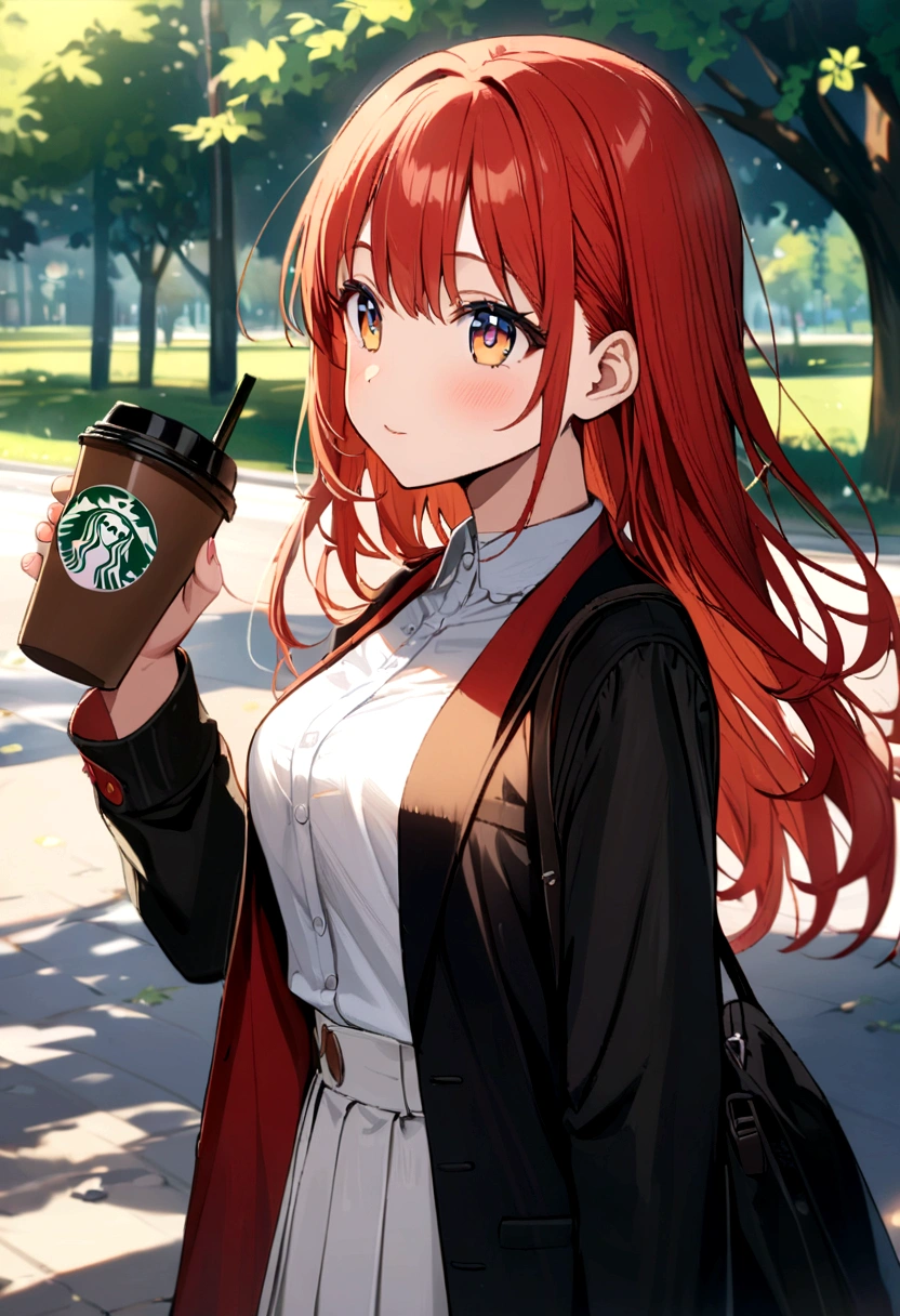 Red haired anime girl holding a takeaway coffee in a park