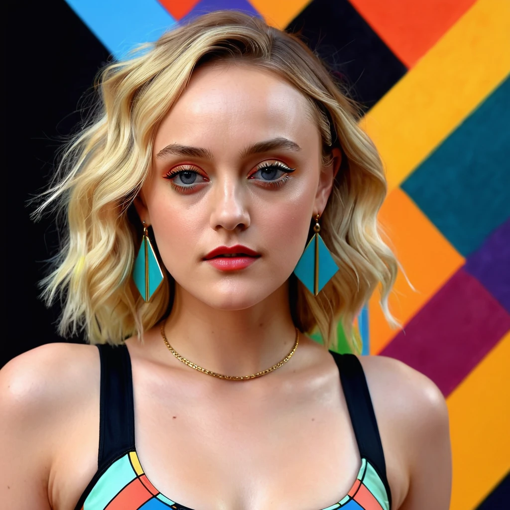 Young woman leighton Meester, Alicia Vikander blonde hair girl, Dakota Fanning, sports bra tank top, tight skirt, bold earrings, high heels, minimalist art, abstract, bold colors, 1girl, beautiful detailed eyes, beautiful detailed lips, extremely detailed face, long eyelashes, portrait, digital painting, oil painting, acrylic, vibrant colors, vivid colors, high contrast, dramatic lighting, cinematic lighting, dramatic shadows, minimalist background, geometric shapes, clean composition, surreal, dreamlike, impressionistic, hyperrealistic, photorealistic, 8k, highres, best quality, masterpiece, symmetrical 