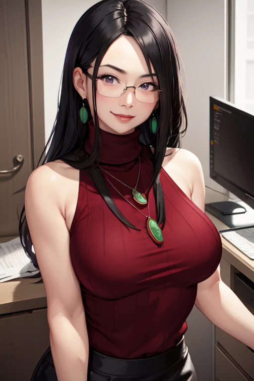 masterpiece, best quality, minazukikyouko, black hair, glasses, necklace, earrings, red sweater, turtleneck, sleeveless, black miniskirt, large breasts, upper body, looking at viewer, doctor's office, smile, mischievous 