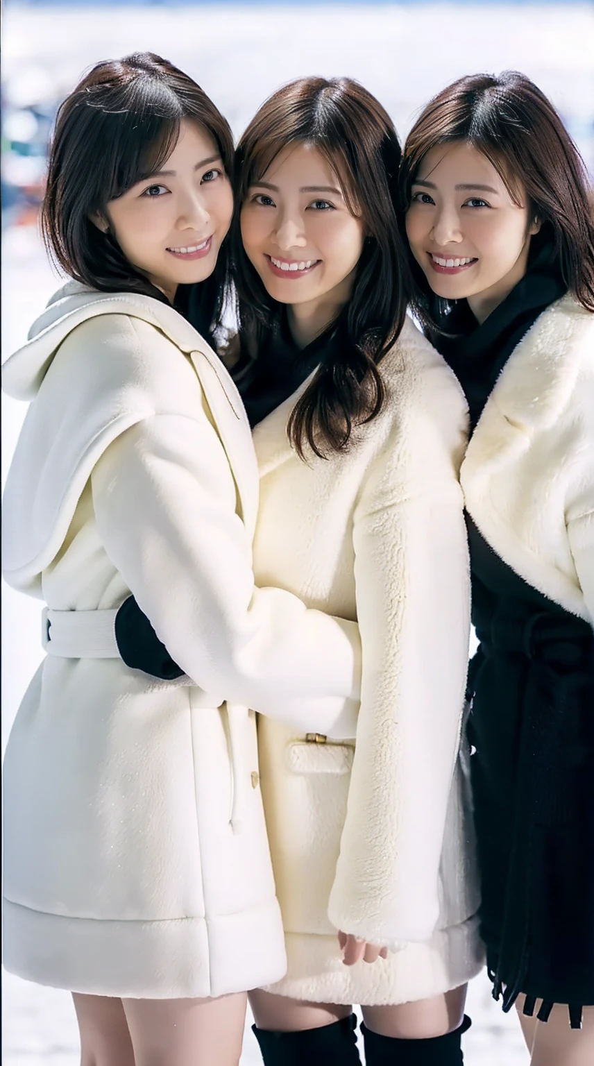 8K, RAW Photos, Full body photo, Realistic: 1.25), (Lip gloss, eyelash, Glossy face, Glowing Skin, Super beautiful sexy Japanese women, 20-year-old, Highest quality, Ultra-high resolution, Depth of written boundary, chromatic aberration, Caustics, Moisturized lips, Ultra Cropped Face, Shining Detail Eyes, Half-up dark brown hair, Snazzy, Same height, White long coat, Thick long coat, Feather long coat, Black knit dress, Black mini skirt, Black long boots, Three girls standing and hugging each other, Big Breasts, Sheer