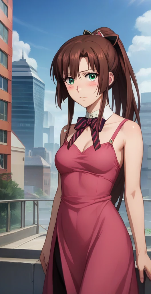 score_9, score_8_up, score_7_up, masterpiece, best quality, 1girl, sayaka kirasaka, source_anime, , standing, outdoors, posing, city, arched back, medium breasts, healthy skin, blushed, dress, cowboy shot 