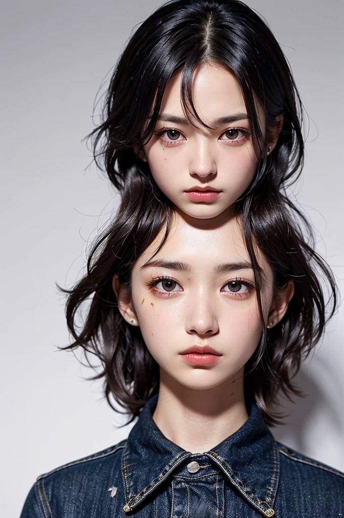 ((masterpiece , Highest quality ,Face Focus)), 27 year old single woman , No tie collared shirt , Denim jeans , thin , Flat Chest , (Black medium hair , (Messy Hair:1.37) , Red eyes , Dark circles under the eyes:1.3) , (Jig eyes , Expressionless:1.7) , (smile: 0.1)