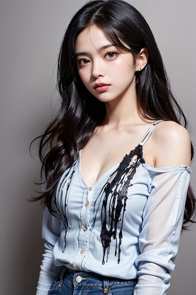 ((masterpiece , Highest quality ,Face Focus)), 27 year old single woman , No tie collared shirt , Denim jeans , thin , Flat Chest , (Black medium hair , (Messy Hair:1.37) , Red eyes , Dark circles under the eyes:1.3) , (Jig eyes , Expressionless:1.7) , (smile: 0.1)