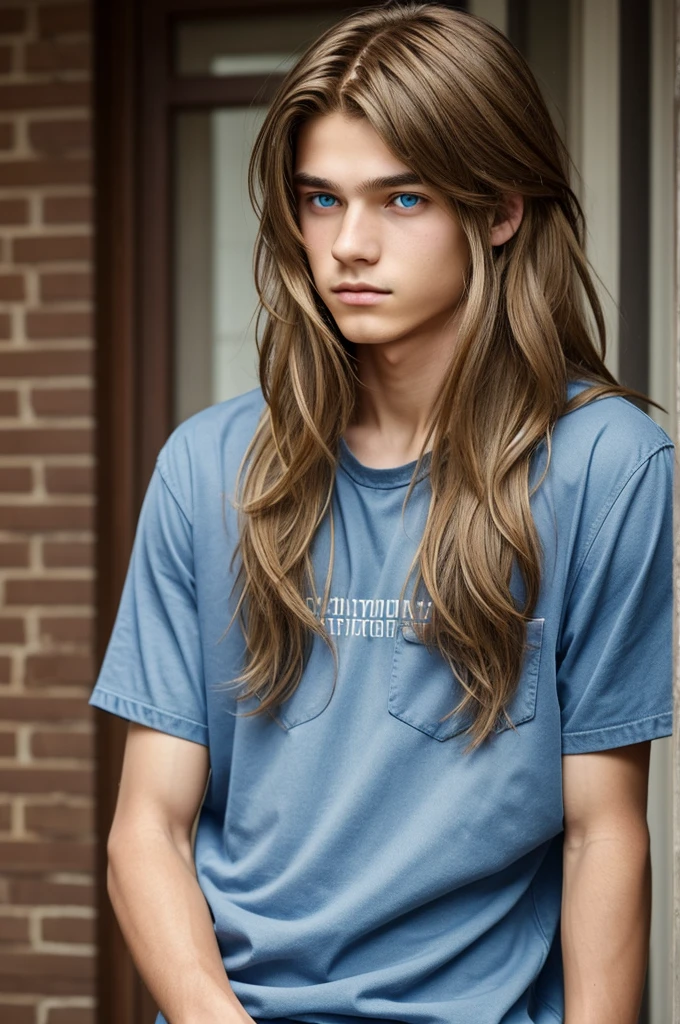 Create a -yeld tege male with medium-length hair, about 15 cm long, golden in color, with light brown skin and blue eyes., green, purple, gray and brown and that the colors of them can be seen well. eyes and naturally