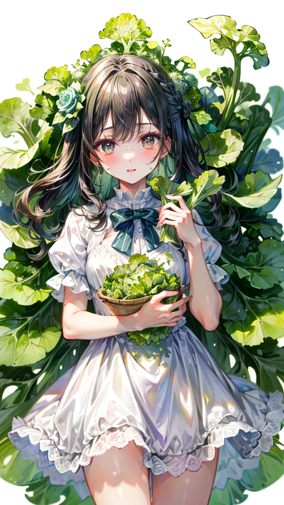 (Best quality, 8k, 32k, Masterpiece, UHD,:1.2),RAW, 1girl,ultra cute , natural lighting,transparent shining eyes, 20yo ,fair complexion, long hair, french braid, flushed face,femur, medium hair, dress Like lettuce, dress made of lettuce leaf, fresh, fresh green dress, Happily, lettuce Field, ((surrounded by lettuces)), emphasizing the femur, Cowboy shot, leaf hair ornaments, cabbage fairy, (((lettuces)))