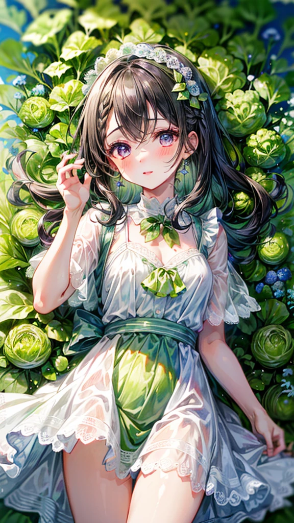 (Best quality, 8k, 32k, Masterpiece, UHD,:1.2),RAW, 1girl,ultra cute , natural lighting,transparent shining eyes, 20yo ,fair complexion, long hair, french braid, flushed face,femur, medium hair, dress Like lettuce, dress made of lettuce leaf, fresh, fresh green dress, Happily, lettuce Field, ((surrounded by lettuces)), emphasizing the femur, Cowboy shot, leaf hair ornaments, cabbage fairy, From above