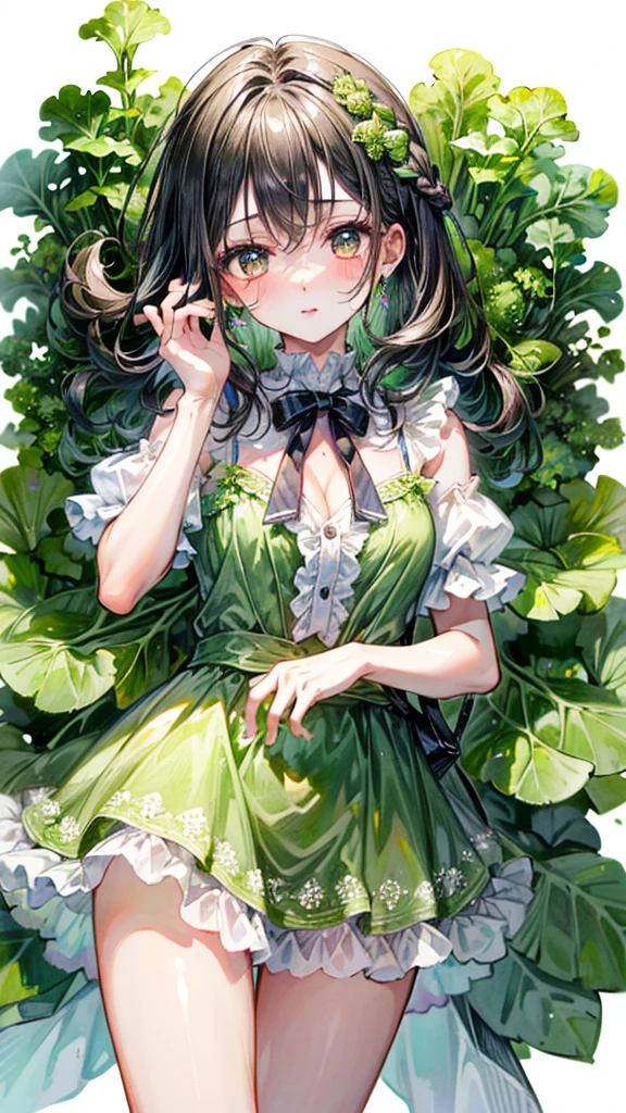 (Best quality, 8k, 32k, Masterpiece, UHD,:1.2),RAW, 1girl,ultra cute , natural lighting,transparent shining eyes, 20yo ,fair complexion, long hair, french braid, flushed face,femur, medium hair, dress Like lettuce, dress made of lettuce leaf, fresh, fresh green dress, Happily, lettuce Field, ((surrounded by lettuces)), emphasizing the femur, Cowboy shot, leaf hair ornaments, cabbage fairy, (((lettuces)))