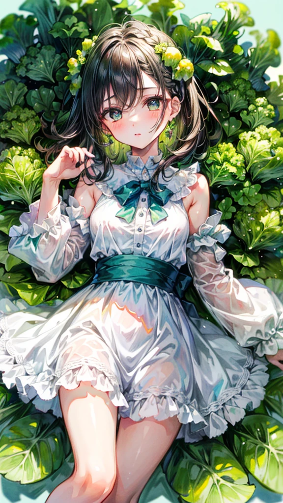 (Best quality, 8k, 32k, Masterpiece, UHD,:1.2),RAW, 1girl,ultra cute , natural lighting,transparent shining eyes, 20yo ,fair complexion, long hair, french braid, flushed face,femur, medium hair, dress Like lettuce, dress made of lettuce leaf, fresh, fresh green dress, Happily, lettuce Field, ((surrounded by lettuces)), emphasizing the femur, Cowboy shot, leaf hair ornaments, cabbage fairy, (((lettuces)))