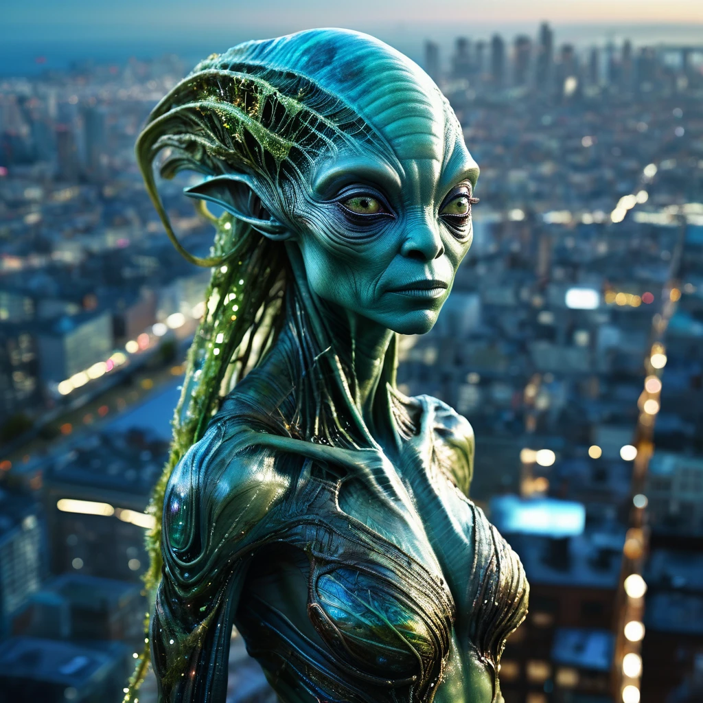 Human-looking alien standing full body, from above watching a city, cinematic lighting, (by (Daniel Mernagh) (Carne Griffiths) Monika Nowak), highly detailed, detailed, soft-bodied, alien face