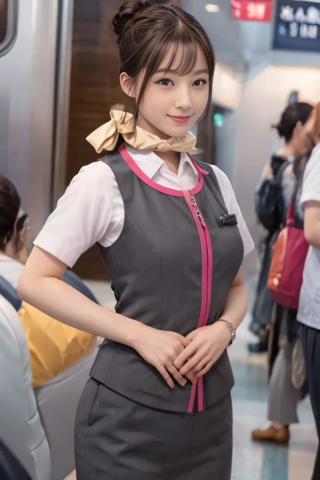 (masterpiece:1.2, Highest quality:1.2), 32k HDR, High resolution, (alone、One girl)、（Ride the bullet train、Professional Lighting）、Background in the car、（Realistic style of JR Gran Class crew uniform）、Short sleeve blouse、a scarf around the neck、（JR Gran Class flight attendant uniform with pink parts on the skirt sleeves）、（The uniform of a flight attendant in JR Gran Class has a pink line on the front zipper of the vest.）、Dark brown hair、（Hair tied up、Hair Bun、Hair Bun）、Dark brown hair、Long Shot、Big Breasts、（（Great hands：2.0）），（（Harmonious body proportions：1.5）），（（Normal limbs：2.0）），（（Normal finger：2.0）），（（Delicate eyes：2.0）），（（Normal eyes：2.0））)、Luxury Necklace、smile、Beautiful standing posture,