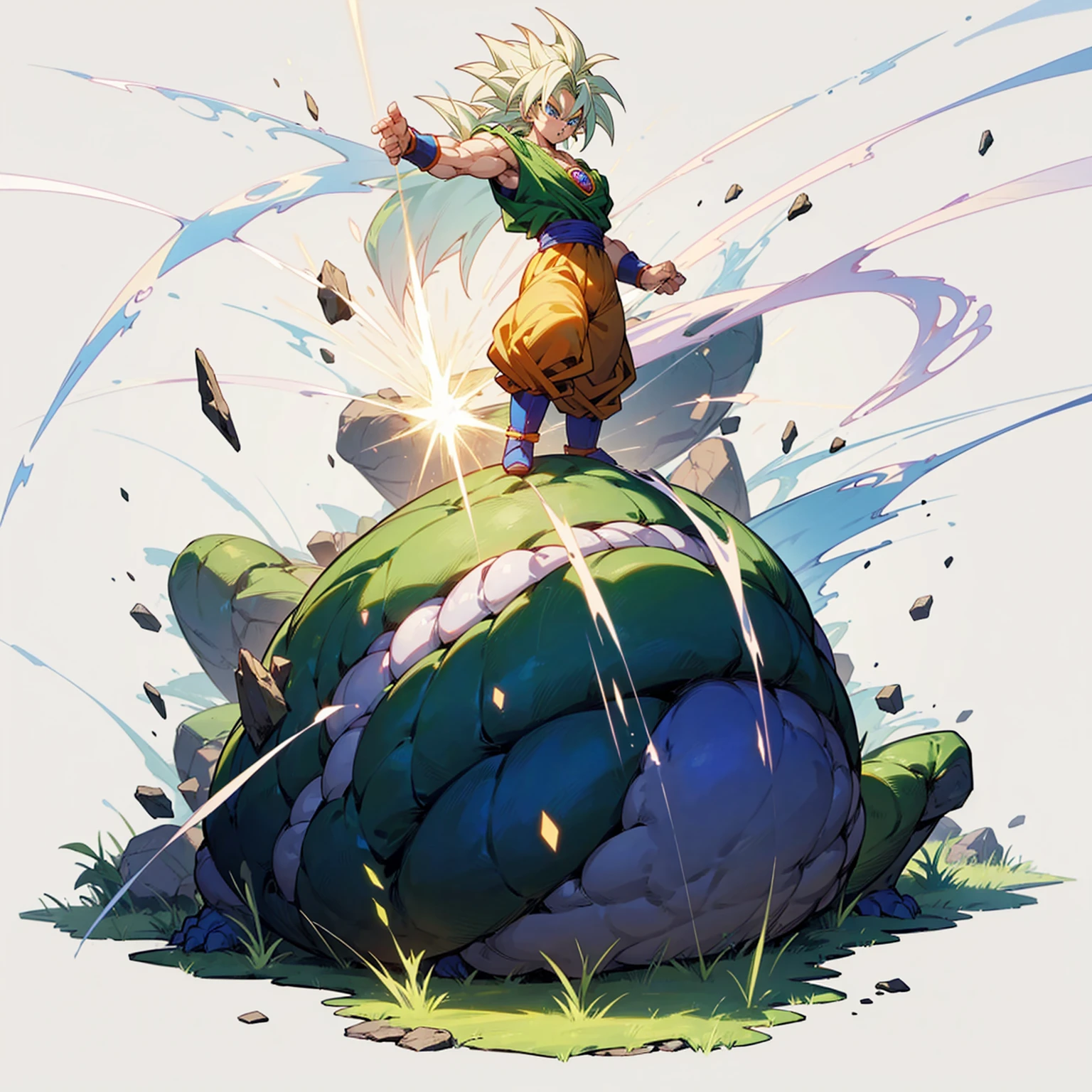 (Random Evolution, broly dragon ball z mixed with Stones), full body version, big muscle, (blue eyes), (Grassroots oil), transforms into Broly Super Saiyan, white color hair, blue eyes, Dragon Ball Z