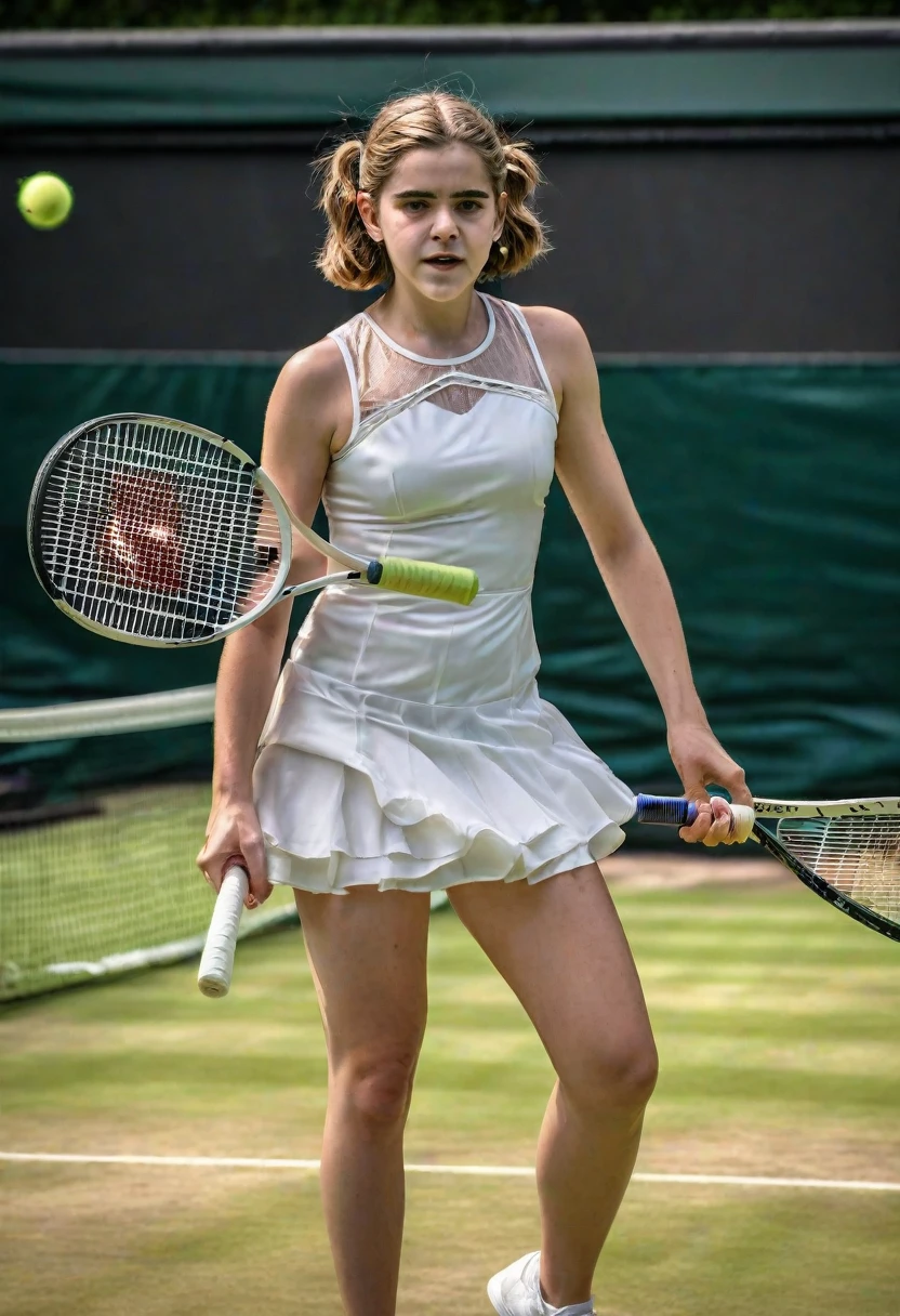a girl, Kiernan Shipka, in a white tennis dress, long dangling earrings, short dark brown hair with pigtails, holding a tennis racket, playing tennis on a tennis court at Wimbledon, sheer shiny shimmering silky tan pantyhose, 5 inch black high heeled open toed strappy sandals, glamour photo shoot, wide angle lens, 9:16 aspect ratio, (best quality,4k,8k,highres,masterpiece:1.2),ultra-detailed,(realistic,photorealistic,photo-realistic:1.37),HDR,studio lighting,ultra-fine painting,sharp focus,physically-based rendering,extreme detail description,professional,vivid colors,bokeh