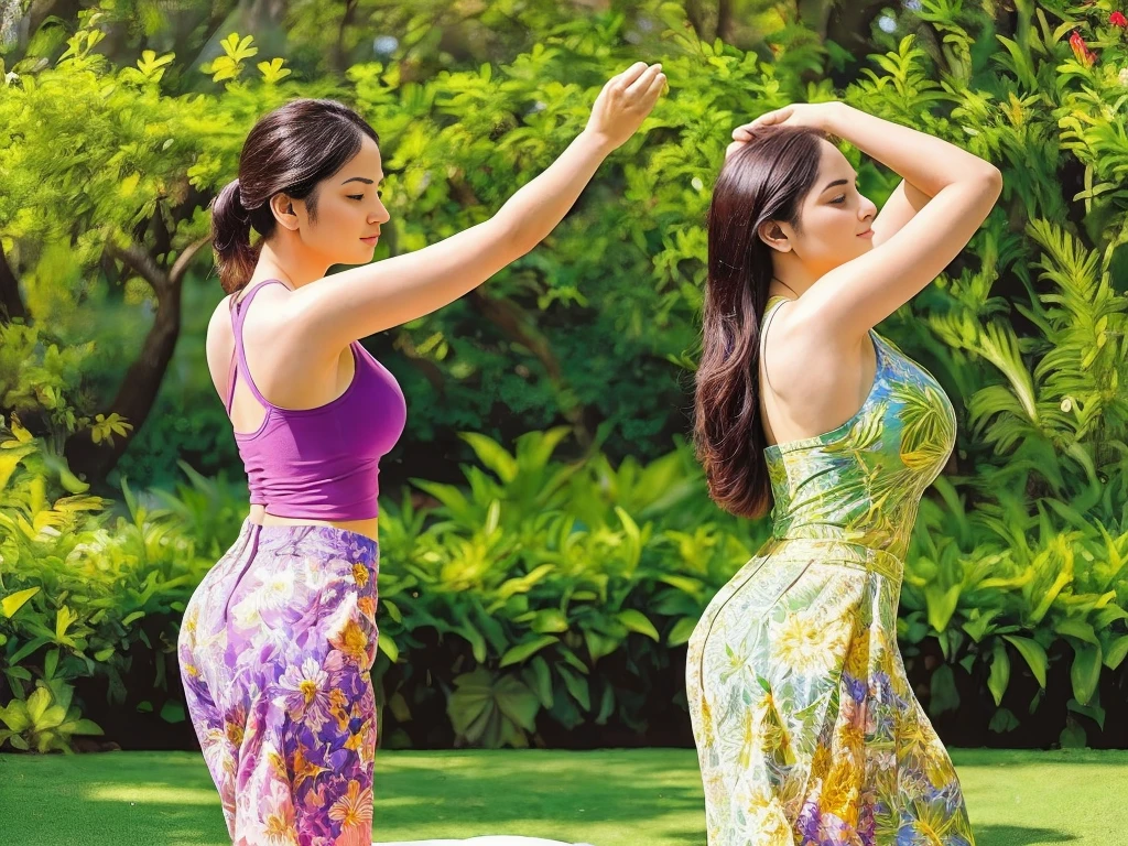 an adults couple performing morning stretches in a vibrant park, outdoor scene, warm sunlight, detailed human anatomy, flexible poses, serene expressions, lush greenery, blooming flowers, dappled shadows, cinematic composition, photorealistic, hyper detailed, masterpiece