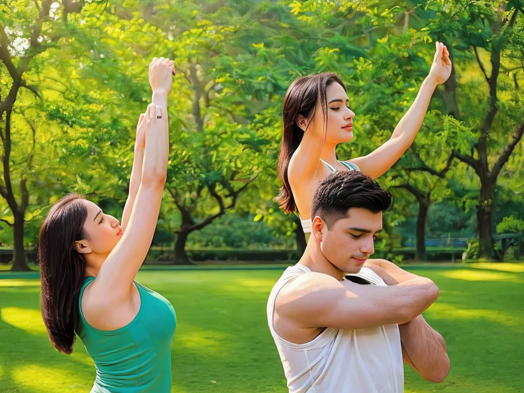 an adults couple performing morning stretches in a vibrant park, outdoor scene, warm sunlight, detailed human anatomy, flexible poses, serene expressions, lush greenery, blooming flowers, dappled shadows, cinematic composition, photorealistic, hyper detailed, masterpiece