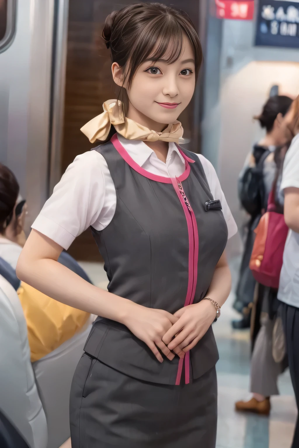 (masterpiece:1.2, Highest quality:1.2), 32k HDR, High resolution, (alone、One girl)、(Ride the bullet train、Professional Lighting)、Background in the car、(Realistic style of JR Gran Class crew uniform)、Short sleeve blouse、a scarf around the neck、(JR Gran Class flight attendant uniform with pink parts on the skirt sleeves)、(The uniform of a flight attendant in JR Gran Class has a pink line on the front zipper of the vest.)、Dark brown hair、(Hair tied up、Hair Bun、Hair Bun)、Dark brown hair、Long Shot、Big Breasts、((Great hands:2.0)),((Harmonious body proportions:1.5)),((Normal limbs:2.0)),((Normal finger:2.0)),((Delicate eyes:2.0)),((Normal eyes:2.0)))、Luxury Necklace、smile、Beautiful standing posture,