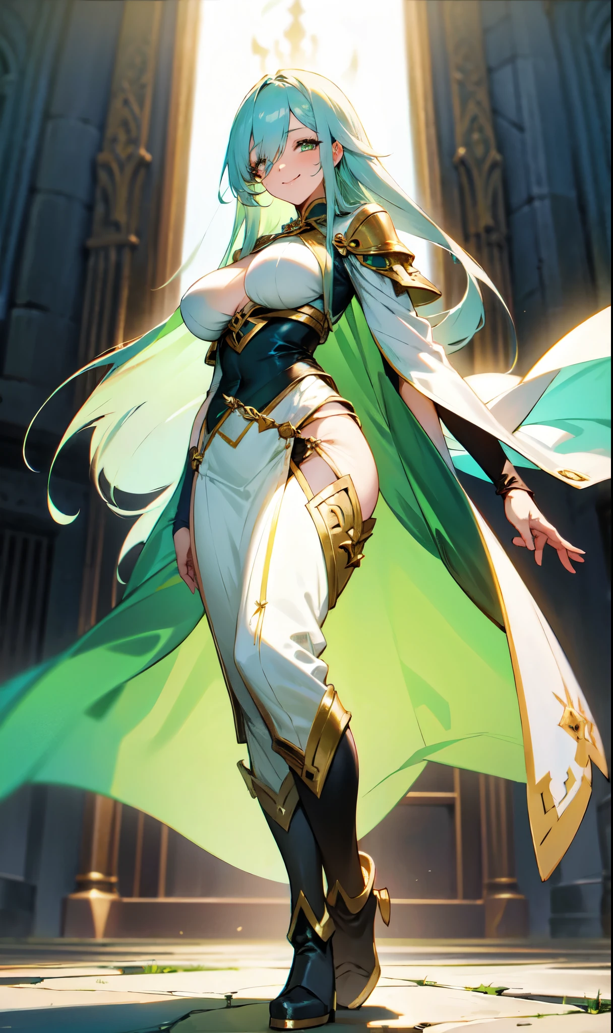 Older woman with big breasts wearing a fantasy world outfit while standing with a slight smile walking with light green eyes and long dark blue hair covering her right eye