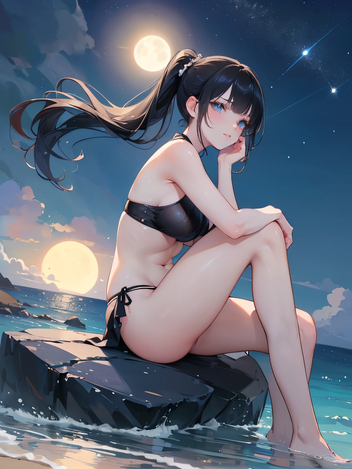 ((masterpiece:1.4, Highest quality)), ((masterpiece, Highest quality)),Low - Angle,Beautiful black hair ponytail,Beautiful blue eyes,pretty girl,whole body, sitting on a rock,Nice laughter, ((Elegant summer bikini)),Cinematic lighting and pauses,Beautiful natural mystical beach,Night Sky,full moon