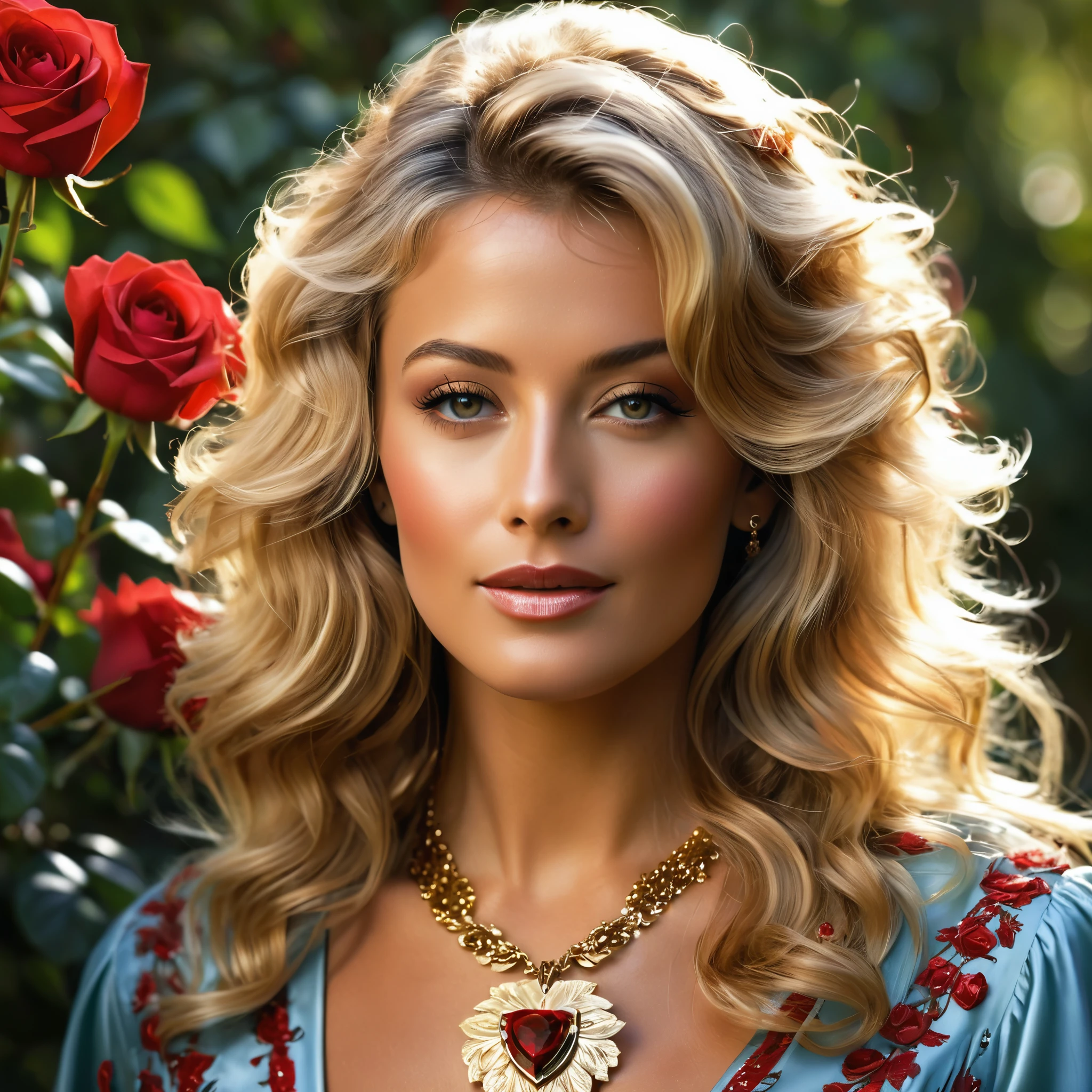 Create a highly detailed and realistic portrait of a young Farrah Fawcett with long, wavy blonde hair adorned with red roses. She has striking, expressive eyes and a calm, composed expression. She is wearing a vintage-style outfit with a necklace featuring a pendant. The background is a soft-focus natural setting with warm, dappled sunlight filtering through the leaves, enhancing the serene and romantic atmosphere. The style should be hyper-realistic with a touch of romanticism. Photo Realistic photo, vibrant colors, 16k