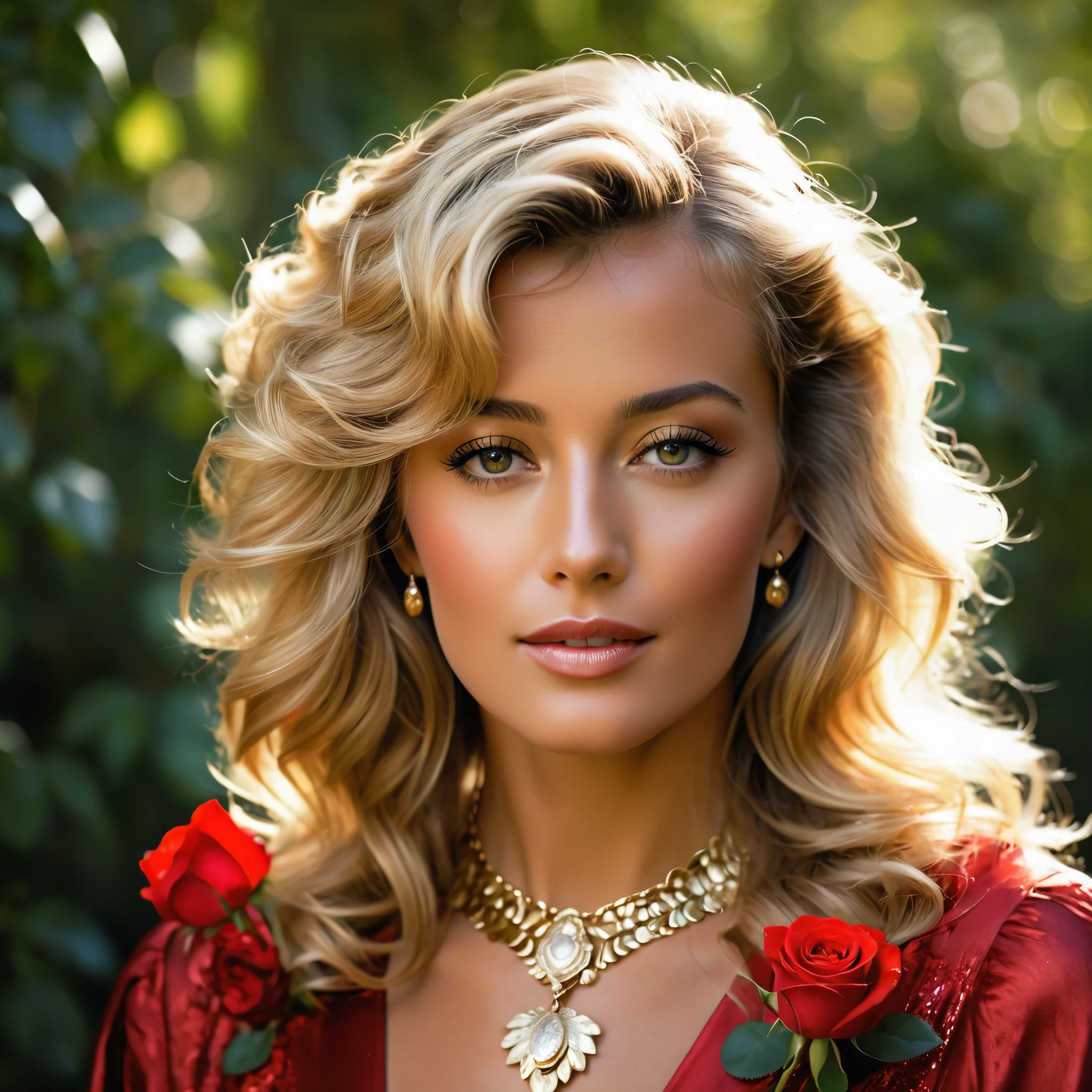 Create a highly detailed and realistic portrait of a young Farrah Fawcett with long, wavy blonde hair adorned with red roses. She has striking, expressive eyes and a calm, composed expression. She is wearing a vintage-style outfit with a necklace featuring a pendant. The background is a soft-focus natural setting with warm, dappled sunlight filtering through the leaves, enhancing the serene and romantic atmosphere. The style should be hyper-realistic with a touch of romanticism. Photo Realistic photo, vibrant colors, 16k