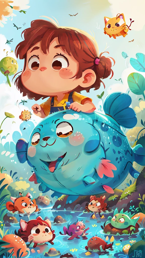 A beautiful big fish，Kitten This illustration is a 4K high-definition illustration，The facial features are rich in detail，Cartoon Style，卡通animal1.5，stream，Blue sky and white clouds，cute，animal