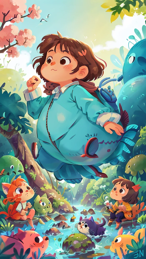 A beautiful big fish，Kitten This illustration is a 4K high-definition illustration，The facial features are rich in detail，Cartoon Style，卡通animal1.5，stream，Blue sky and white clouds，cute，animal