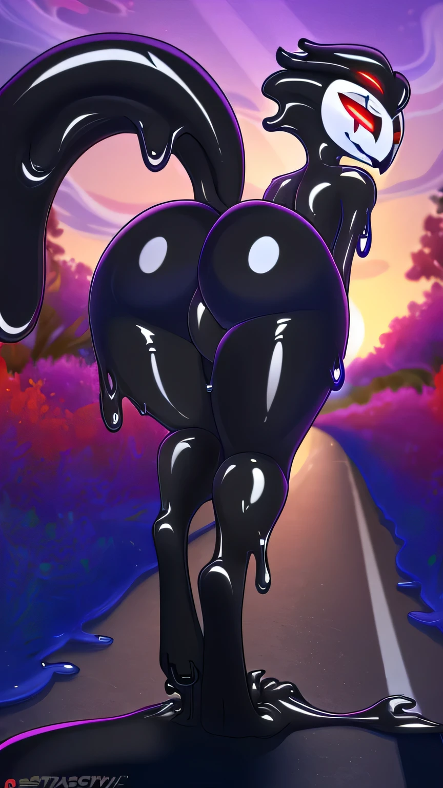 Tanraak (style), ((masterpiece)), ((8k quality)), (no watermark), stolas, male, detailed road, sleek, shiny black slime body, long tail feathers, shiny, slick, goo, gooey, ass, butt, full body, perfect body, white pupils, strutting,