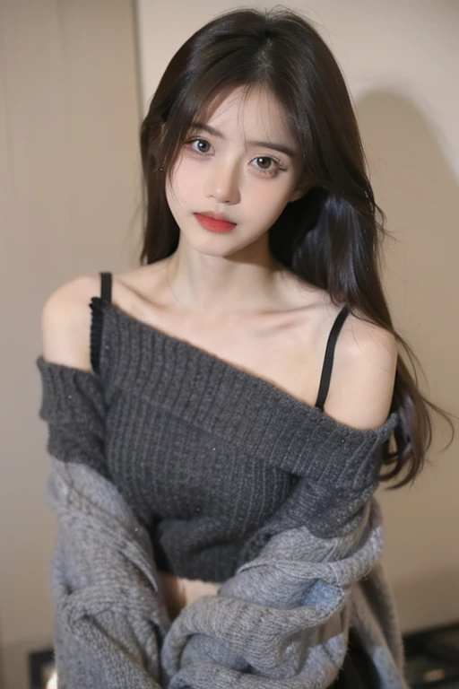 A young girl wearing black with a deep look in her eyes,Off-shoulder