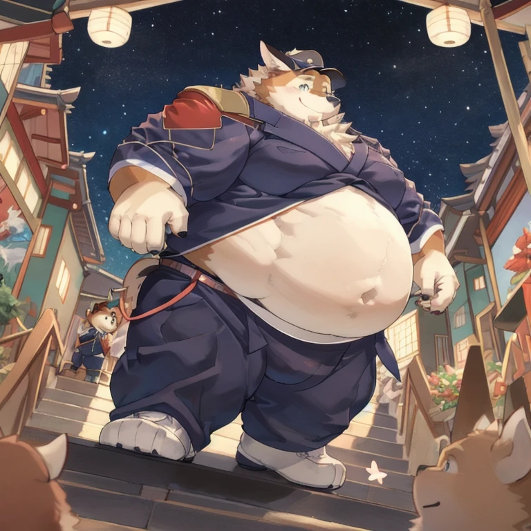 Zootopia Cool Huge PigTitan Shonen Anime style, full body image, neighborhood style, big obese Kid (very Hairy), in Zootopia Steps Weight gain progress in underwear clothes, He is a huge obese Glotton in obese weight gain process, 16 feet tall, He is a underwear Japanese super model in a photo studio, detailed face, detailed eyes, detailed nose, defined face, big belly, high resolution settings, settings to fix face, high, Whismical model, detailed eyes, detailed hands perfect eyes, cute eyes, (extremely detailed CG unity 8k wallpaper,masterpiece, best quality, ultra-detailed), (best illumination, best shadow, an extremely delicate and beautiful), dynamic angle, floating, finely detail, Depth of field (bloom), (shine), glinting stars, classic, (illustration), (painting), (sketch), Kazusa_Tamacolle:1.3, hat, uniform, jacket, pants, chubby, cute, japanese clothes, wink, chibi,