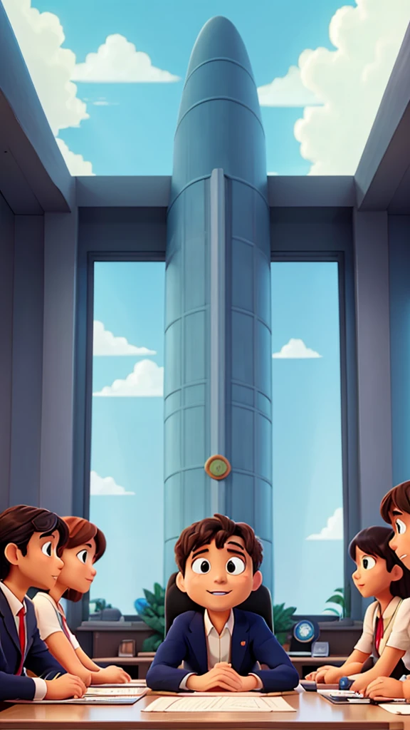 The boss announces the company trip in the conference room.　Ghibli style
