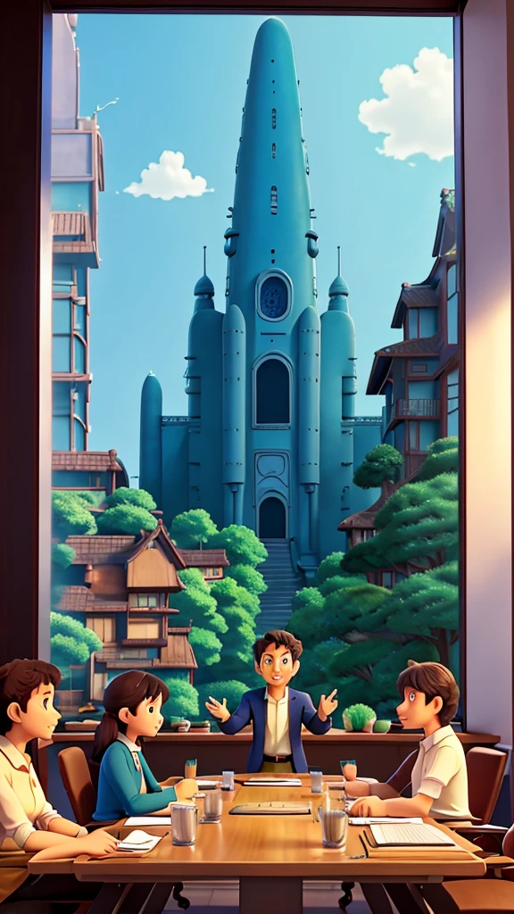 The boss announces the company trip in the conference room.　Ghibli style
