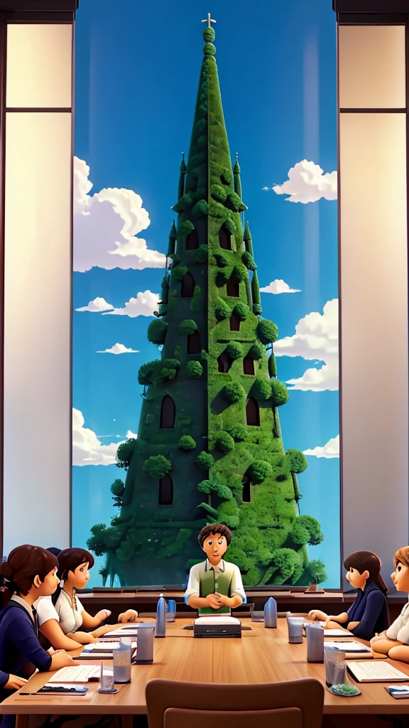 The boss announces the company trip in the conference room. Ghibli style