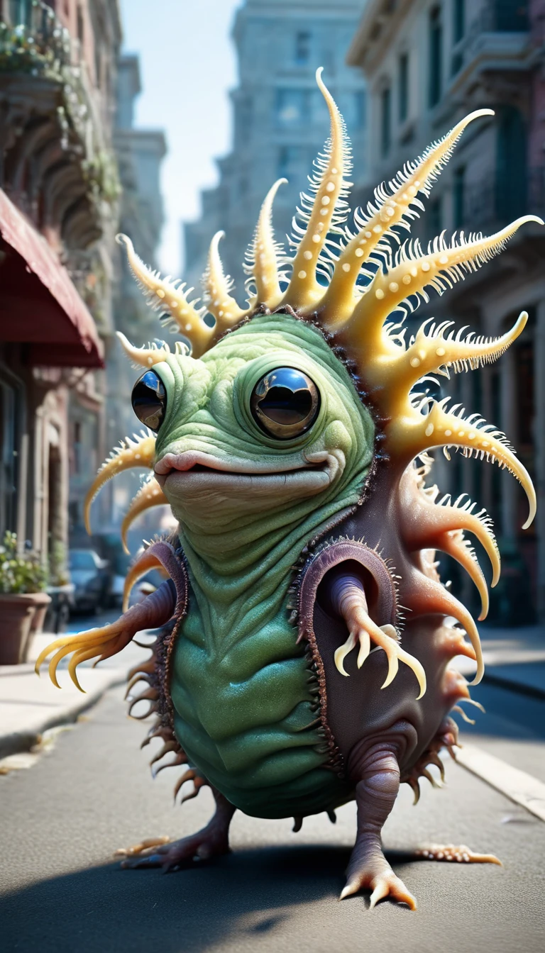 whimsical, fantasy concept art, reality-shot, realism, realistic photography of a cute alien lifeform covered with sea slug, suburban neighborhood, urban fantasy, ultra sharp, intricate details uglylora