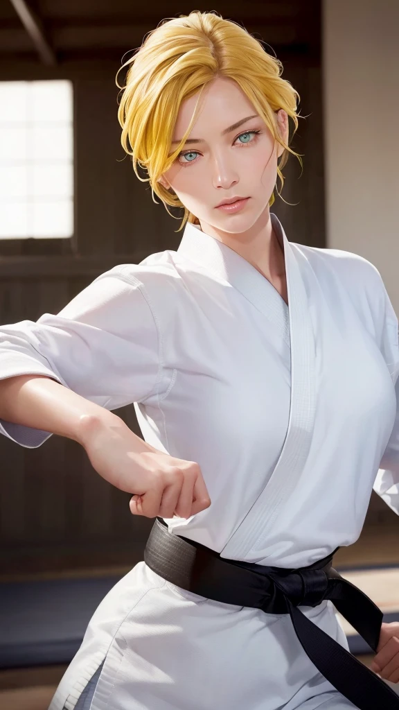 ((((masterpiece, best quality, high resolution)))), Extremely detailed 8K, 1 female, wearing a black Karate gi, (Ultra HD, Ultra-detailed, Highly detailed, Highly realistic, Ultra-realistic, photograph realistic), (1girl:1.5), (Realistic yellow hair), (dynamic poses), facing at camera, looking at viewer, (slightly serious face), (green eyes, sharp eyes), (perky breasts:1.2), (beautiful detailed face, beautiful detailed eyes), ((worn out karate gi)), (preparing for a fight), sweat, glow, (sunbeam, sunlight), ((cowboy shot)), inside a training gym, seductive, EnvyBetterHands LoCon,