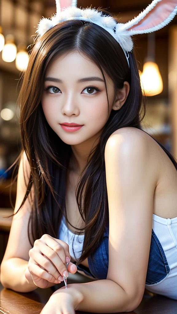 masterpiece, Highest quality, Realistic, Highly detailed CG integrates 8K, 8K,(Very beautiful face, Beautiful Lips, Beautiful Eyes), Exquisitely detailed face,1 Girl, Very beautiful girl,Exquisite eye makeup,Subtle eye detail,The best example of four fingers and one thumb,Toned figure,Nice and beautiful smile,明るいLong Hair,transparent, Quality hair,(masterpiece, Highest quality:1.2),alone,The eyes are exquisite and delicate,Brown Hair、Long Hair、Pink Lips,blue eyes,Big Breasts、Wavy Hair、(((Bunny girl、pub)))、Japanese、25-year-old female