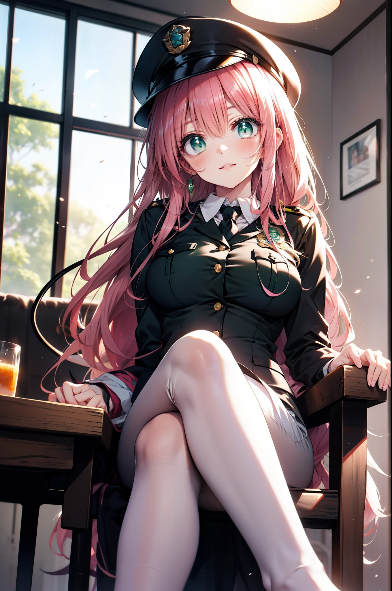 Lara Deviluke, Lara Deviluke, Long Hair, Pink Hair, tail, Ahoge, bangs, hair ornaments, (Green Eyes:1.5), smile,blush,Open your mouth,demon tail,Police hat with black rimmed glasses,Sexy police uniform,Black pencil skirt, black pantyhose,Stiletto heels,sitting cross-legged on a chair,There is food on the table,interior,whole bodyがイラストに入るように,
break outdoors, office
break looking at viewer,whole body,
break (masterpiece:1.2), Highest quality, High resolution, unity 8k w全てpaper, (shape:0.8), (beautiful detailed eyes:1.6), extremely detailed face, Perfect lighting, extremely detailed CG, (Perfect hands, Perfect Anatomy),
