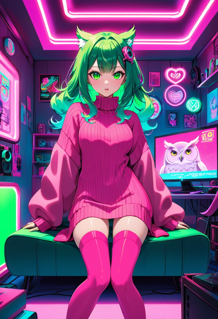 young woman, voluminous wavy pink hair, green hair tips, large expressive green eyes, bold pink eye makeup, snug pink ribbed sweater dress, thigh-high stockings, playful and alluring, neon-lit room, colorful neon lights, green blue pink neon, futuristic atmosphere, quirky items, owl-shaped figure, eclectic decorations, modern pop art, anime aesthetics, cyberpunk-inspired, vibrant and captivating.