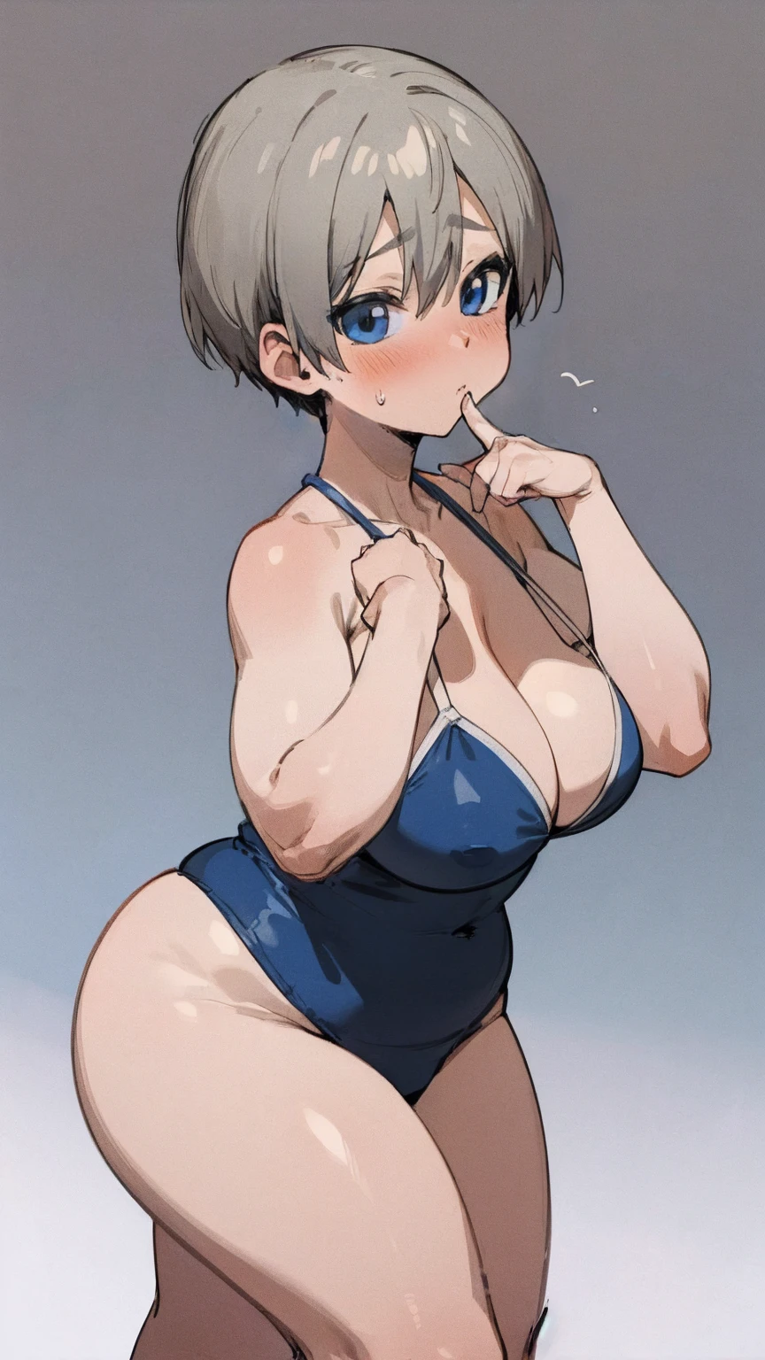 masterpiece, best quality, ultra-detailed, Potrait of beautiful , (chubby) (muscular), (plump), (sexly), (cleavage), ((tomboy)), (アニメ), (Breasts), (Plump), ((very short hair)), ((Uzaki Hana)), (overweight), (Gray Hair) (Ridiculous Swimsuit), ((Saggy breasts)), (blue eyes), (Short Hair), (blue eyes), ((thick)), (fullbody), (swimsuit), (Embarrassing), (blushing)