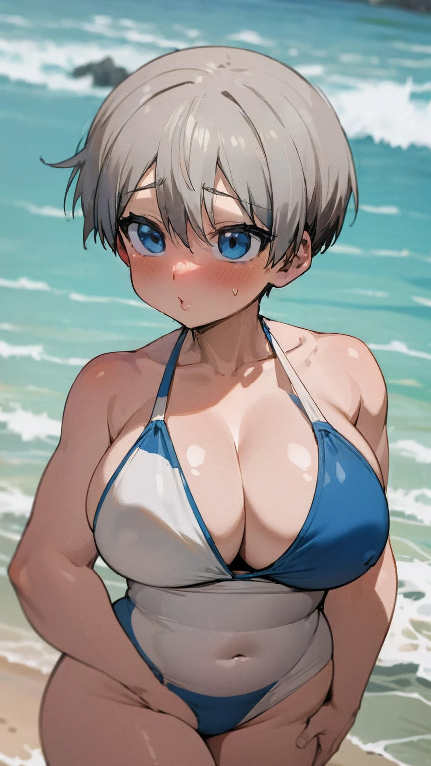 masterpiece, best quality, ultra-detailed, Potrait of beautiful , (chubby) (muscular), (plump), (sexly), (cleavage), ((tomboy)), (アニメ), (Breasts), (Plump), ((very short hair)), ((Uzaki Hana)), (overweight), (Gray Hair) (Ridiculous Swimsuit), ((Saggy breasts)), (blue eyes), (Short Hair), (blue eyes), ((thick)), (fullbody), (swimsuit), (Embarrassing), (blushing)