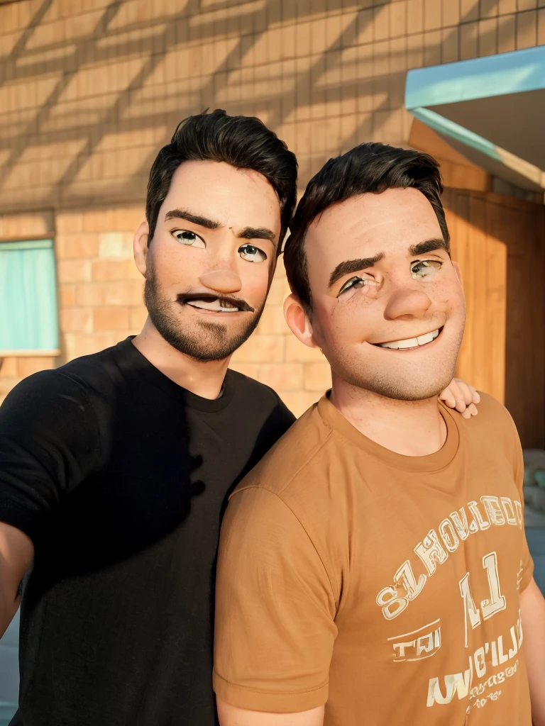 8k image , Disney Pixar style with a gay couple. The one on the right is smiling and wearing a brown t-shirt. The one on the left smiles with his mouth closed and wears a black t-shirt. They are both lit by the sun, and they're taking a selfie.