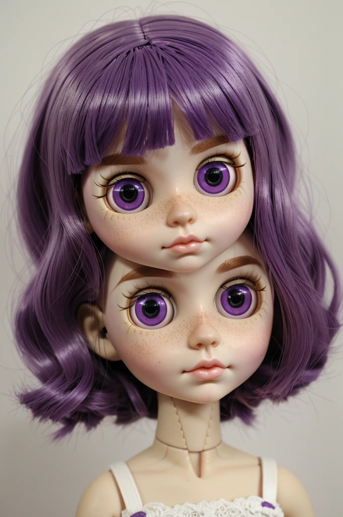 make me a blythe doll, have short hair, wavy and purple. that has brown eyes