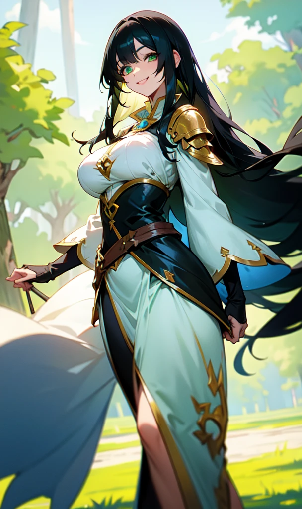 Older woman with large breasts wearing a fantasy world outfit while smiling slightly walking with light green eyes and long black hair covering her right eye